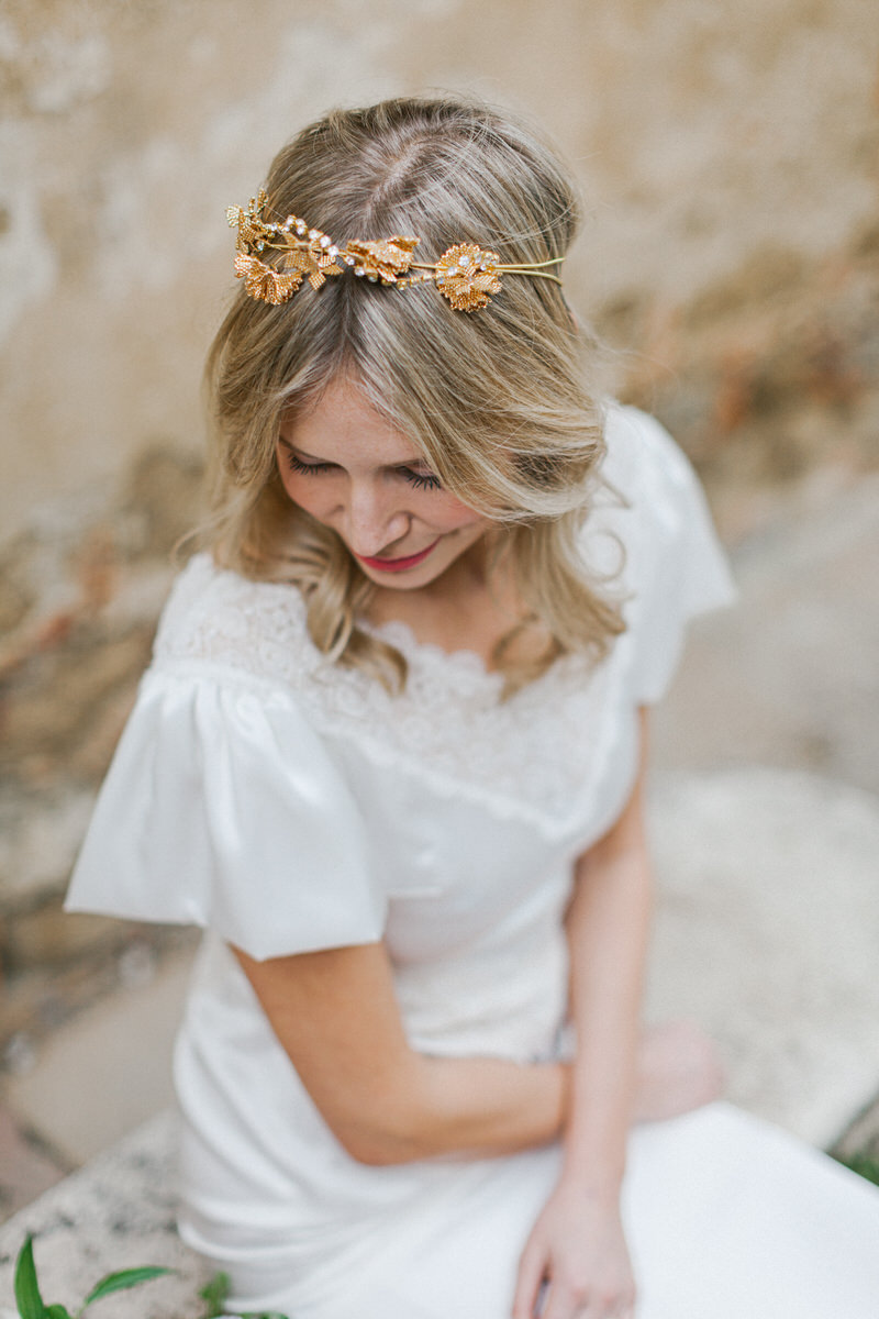 Metallic floral headpiece in a bridal inspirational commercial photography shoot